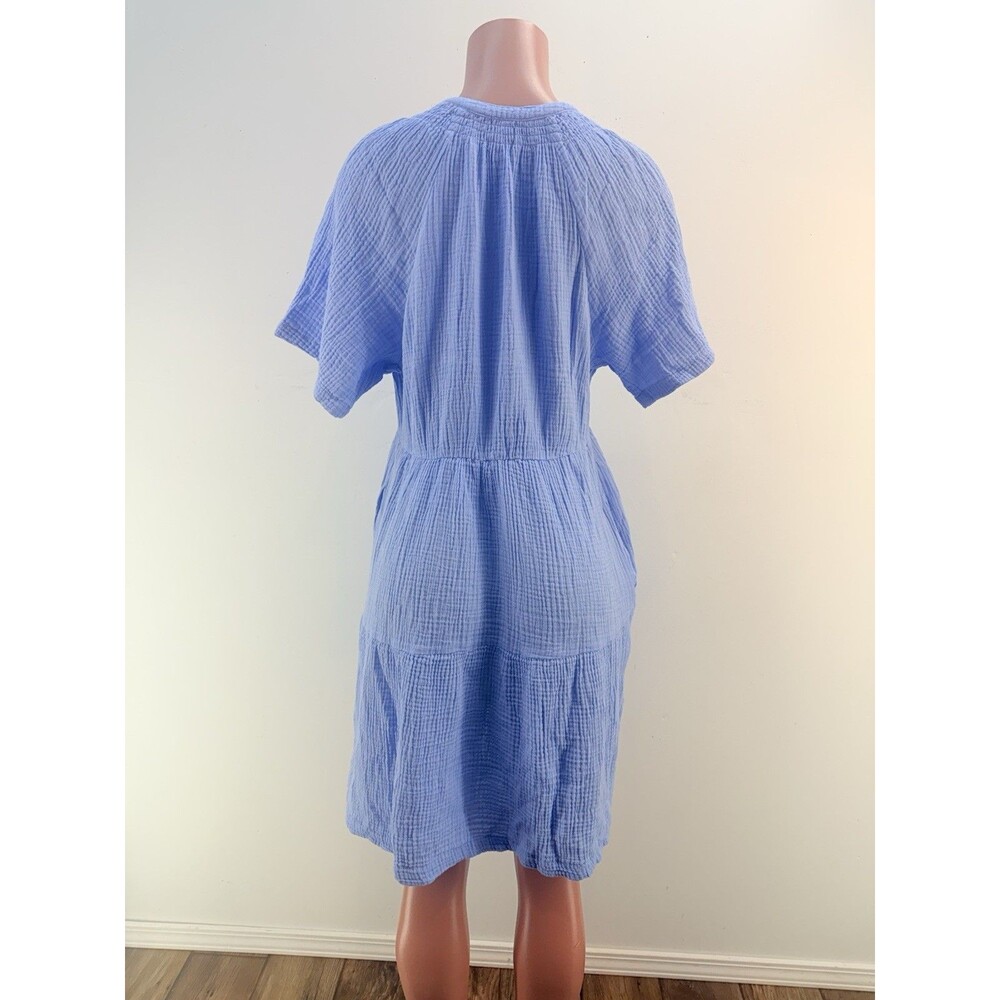 GAP Women’s Cotton Gauze Light Blue V-Neck Tiered Dress With Pockets - Picture 5 of 16